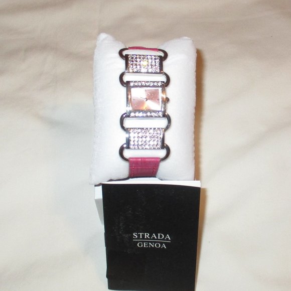 Strada Austrian Crystal Japanese Movement Watch with Rose Red Faux Leather Band - Picture 2 of 7